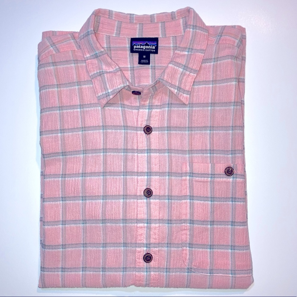 Patagonia Organic Cotton Plaid Short Sleeve Button Down Shirt Spring 2017 Pink